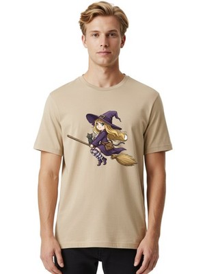 Witch-And-Cat-On-Broomstick Mens Graphic Tee, 100% Cotton, Casual Summer Wear