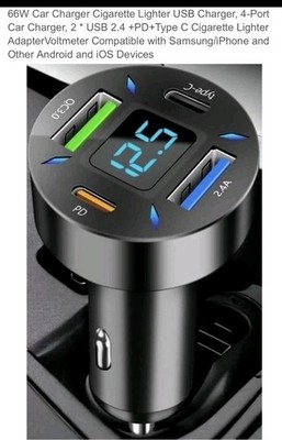 Car Charger 66W Cigarette Lighter 4-Port 2 USB 2.4 PD Type C Quick Charge 3.0 