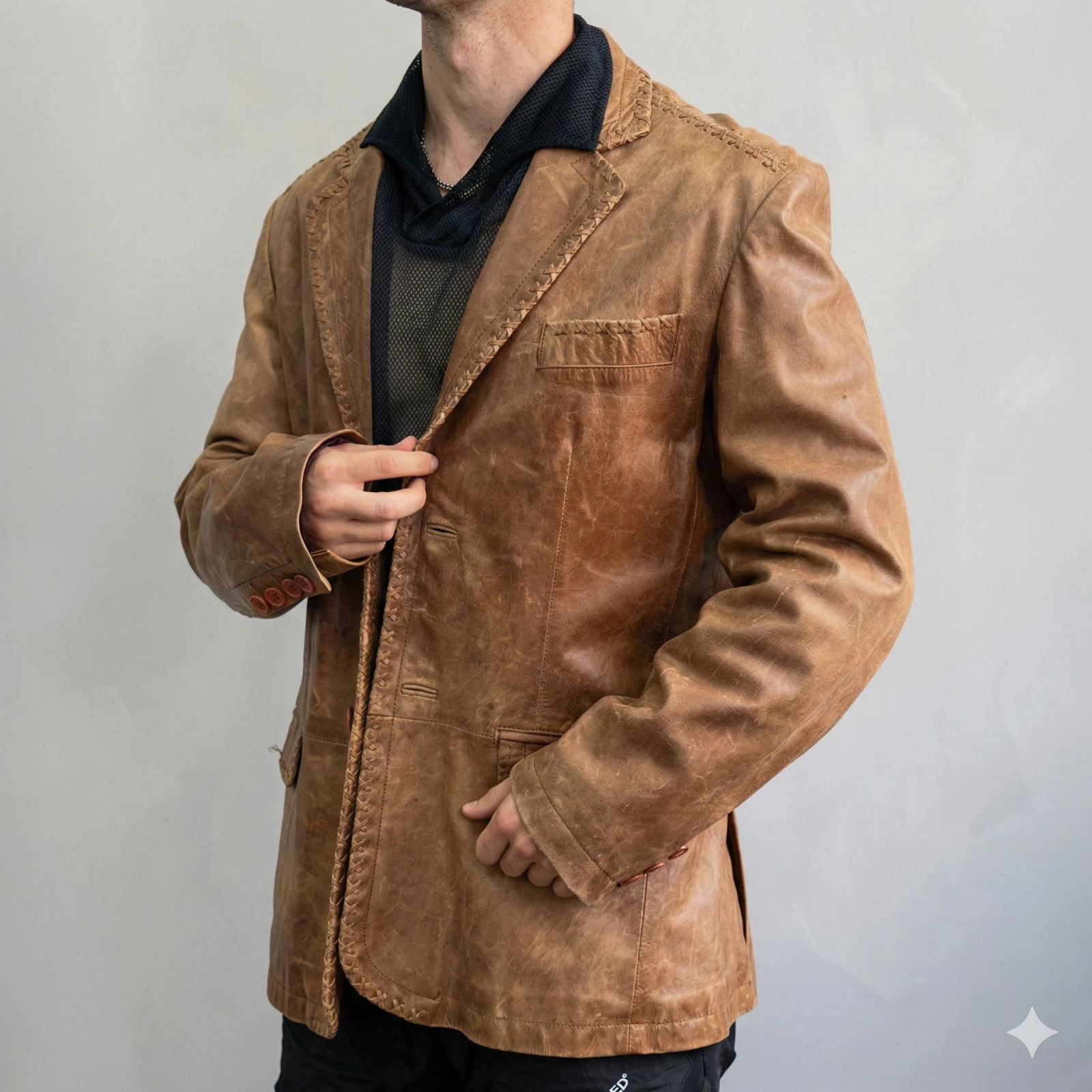 Men's Real Leather Blazer Jacket Western Whipstitch Vintage Style Distressed Tan