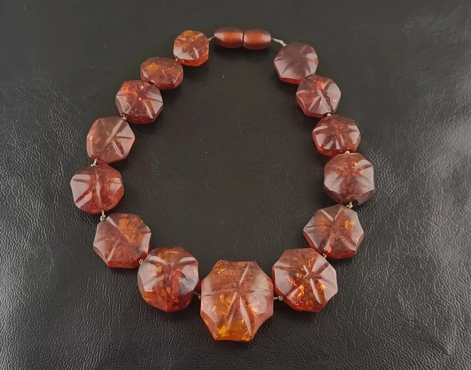 COLLAR CUENTAS ÁMBAR BÁLTICO COÑAC ANTIGUO VICTORIANO 100% NATURAL 44 GRAMOS 13" Foto 2 de 4
