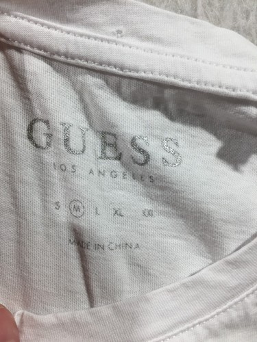 GUESS Los Angeles T-Shirt M White Silver Rhinestone Spell Out Short Sleeve - Picture 3 of 8
