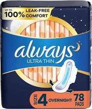 Always Ultra Thin, Size 4, Overnight Pads With Wings, Unscented, 3 Pack  of 26Ct