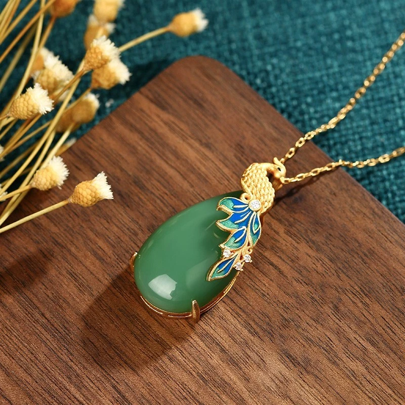 Pingente de jade colar berloque corrente folheada a ouro 18K pássaro fênix pedra preciosa delicada - Imagem 3 de 4