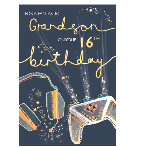 Birthday Card GRANDSON 16th 16. **Nine Inch Foiled Card. Paper pages inside**