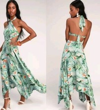 Lulus St. Tropez Maxi Dress Medium Open Sides Green  Tropical Print Tie Neck 