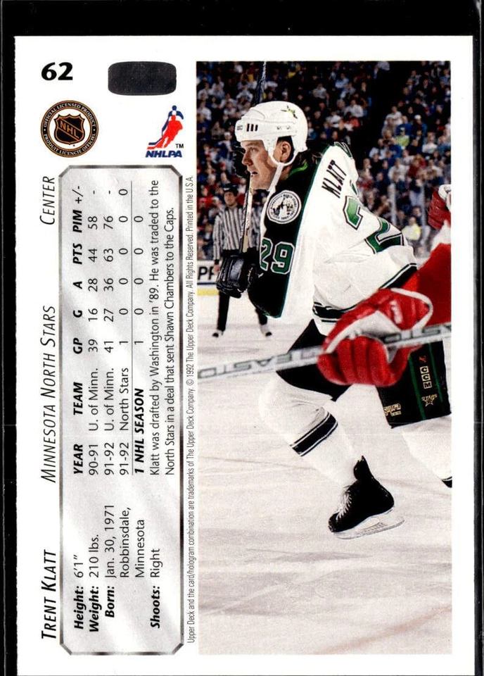 1992-93 Upper Deck #62b Trent Klatt Upper Deck Text and Logo Hologram - Image 2 of 2