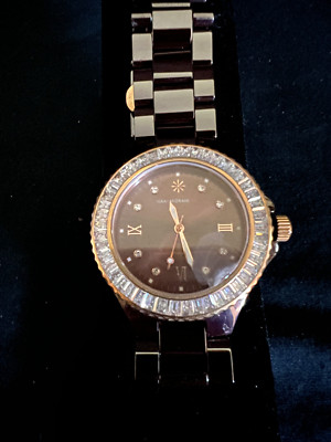 Isaac Mizrahi Brown Ceramic Watch w/ Brown Dial & Crystal Pave Bezel  8''