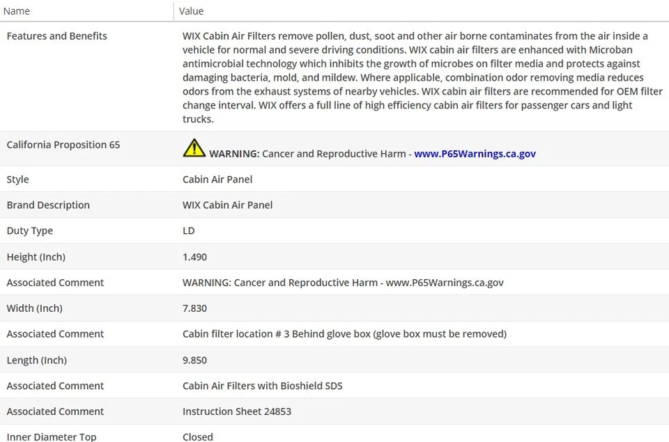 FILTRO DE AIRE DE CABINA OEM WIX para HYUNDAI SONATA 2003-2005 V6-2.7L Foto 2 de 3