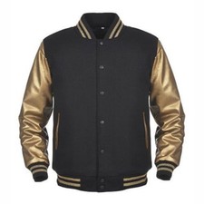 Black Wool Letterman Varsity Bomber Jacket Gold Faux Synthetic Leather Sleeves  