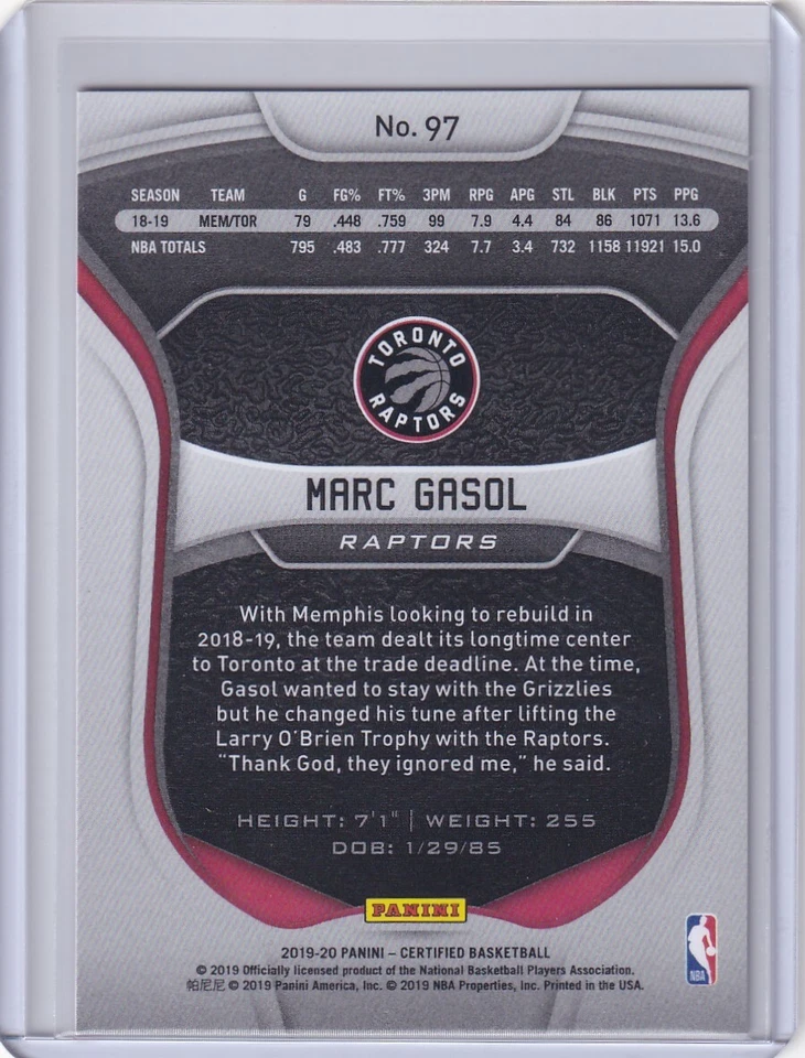 2019-20 CERTIFIED RED PARALLELS MARC GASOL TORONTO RAPTORS - D926 Foto 2 de 2