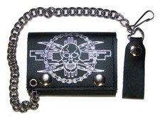 SKULL MOTORCYCLE CHAIN TRIFOLD BIKER WALLET W CHAIN mens LEATHER 611 NEW