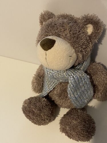 NICI Bear Stuffed Toy 30cm Grey Winter Knitted Blue Scarf Plush Toy BNWT - Afbeelding 1 van 6