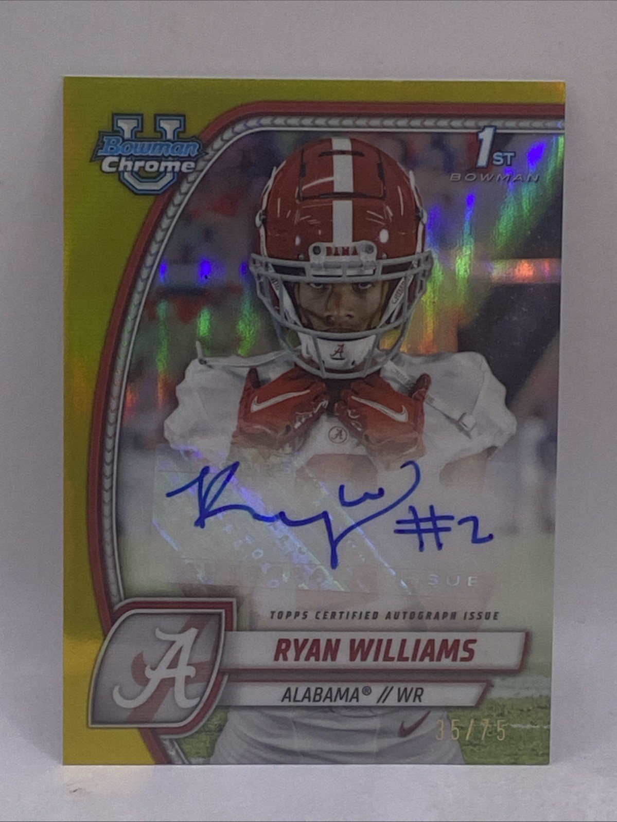 RYAN WILLIAMS 2024 BOWMAN CHROME U 1ST RC YELLOW REFRACTOR AUTO ALABAMA #/75 SP