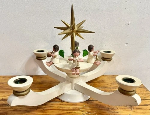 VNTG Erzgebirge Christmas Germany 4 Candle WHITE GOLD Holder Cherub Angels Star - product listing photo