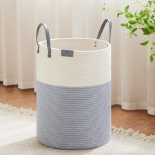 Tall 58L Laundry Basket Large Woven Rope Hamper With Leather Handle Grey