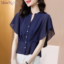 Lady Chiffon Shirt Short Sleeve Cropped Tops V-neck Button Blouse Casual Summer