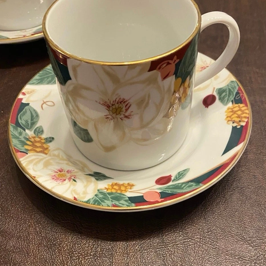 Juego de 3 tazas de té y platillos florales de magnolia fina de China Tienshan con adornos dorados vintage Foto 2 de 4