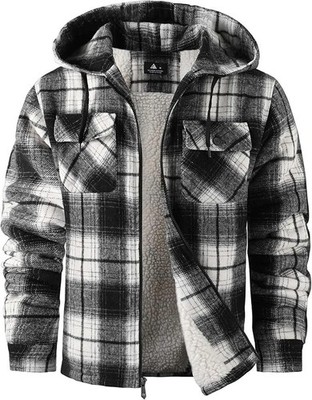 Mens Flannel Plaid Sherpa Lined Hoodie Warm Zip Up Fleece Winter Jacket