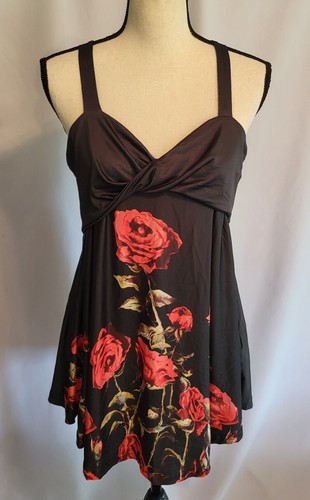 Women's Black Satin Wrap Empire Waist Floral Rose Graphic Tank Size XL