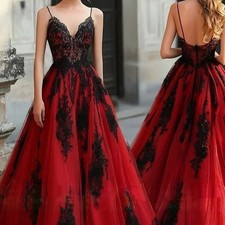 Gothic Black Red Wedding Dress Spaghetti Straps Lace Applique A-Line Bridal Gown