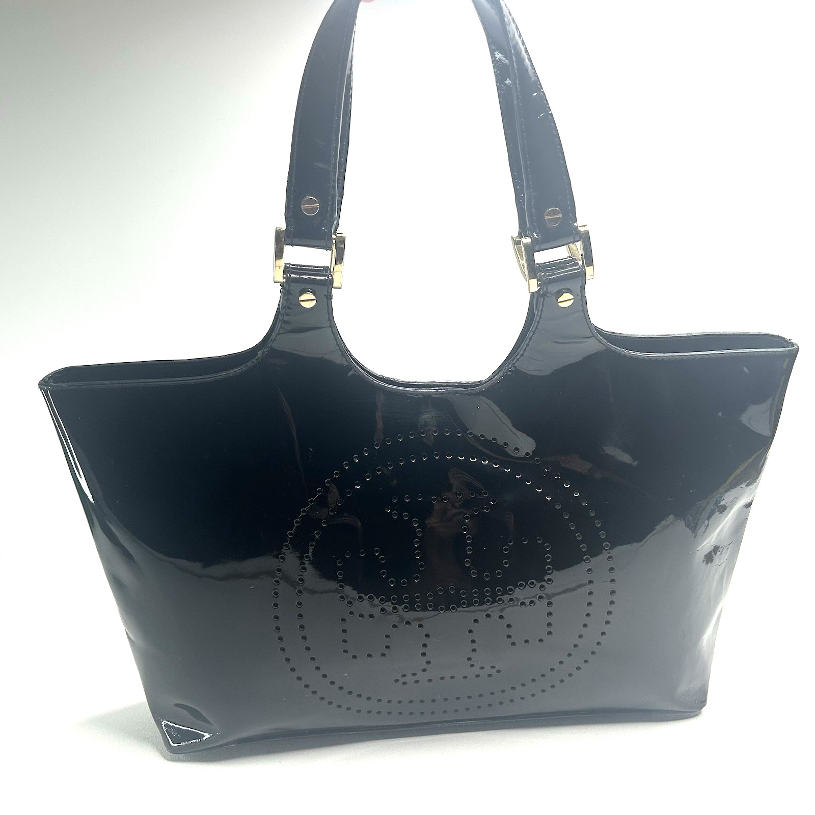 TORY BURCH Bombe Tote Black Patent Leather Perforated Logo Chic Classy