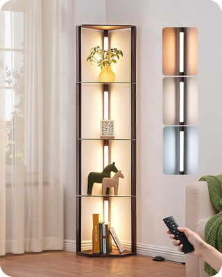 Walnut Floor Lamp with 5-Tier Glass Shelves, Dimmable & Remote Control