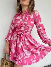 New Women's Paisley Print Long Sleeve Button Down Collared Dress Tie Belt Large