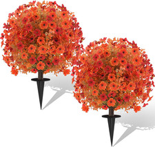 2 Pack Fall Artificial Topiary Bushes - 23 Boxwood Ball Trees with Mums, UV R...