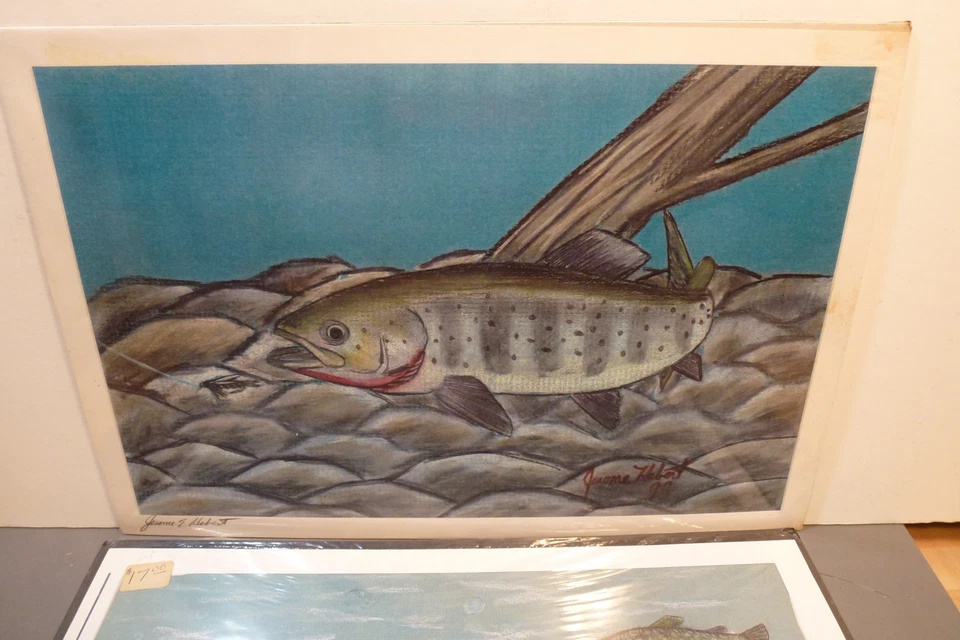 2 estampas vintage de truta, listadas do artista do Arkansas Jerome Hebert, 8 x 11", assinadas - Imagem 3 de 4