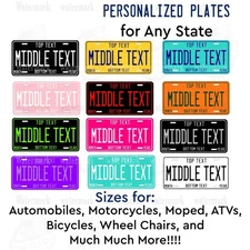 Any State Any Color Custom Personalized License Plate Auto Car ATV Bike Bicycle