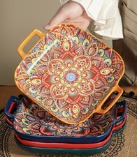 4 Bohemian Ceramic Salad Plates Dual Handle Oven/Micro Safe