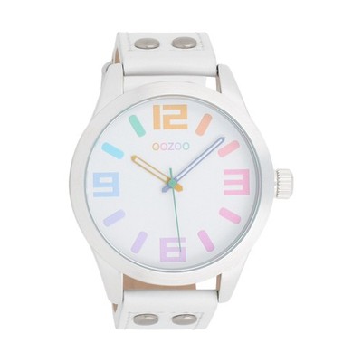 Oozoo Basic Line XXL Armbanduhr C1085 Bunt Lederband Weiss 46 mm