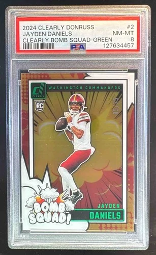 Jayden Daniels 2024 Panini Clearly Donruss Green Bomb Squad RC 5/25 PSA 8
