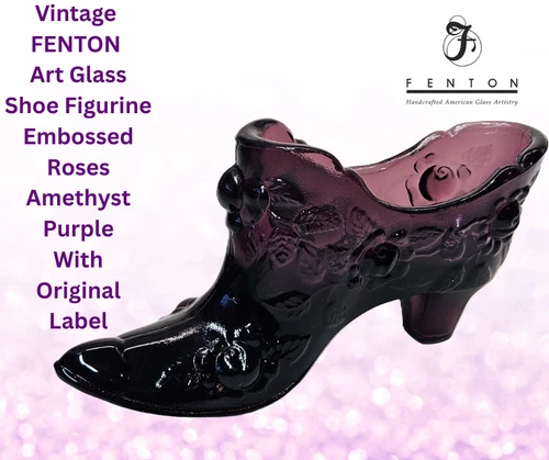 Vtg FENTON Art Glass Embossed Roses SHOE Figurine Amethyst Purple With Label