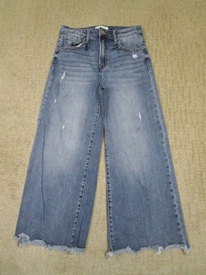 Risen Jeans Women 28 Blue High Rise Wide Leg Cropped Pants Distressed Frayed Hem