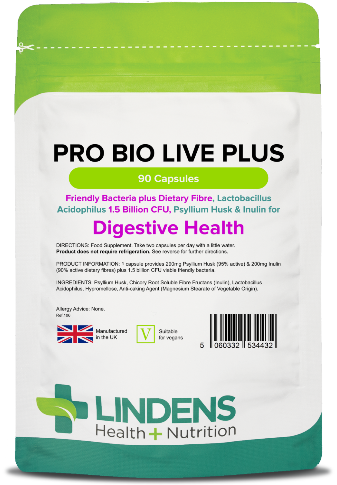 Lindens Pro Bio Live Plus (+Dietary Fibre) 90 Capsules Dietary Fibre, Digestion