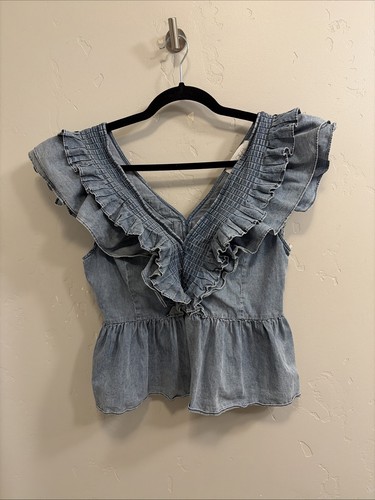 Mare Mare X Anthropologie Sz Small Chambray Blouse w/Ruffled V-Neck & Smocking