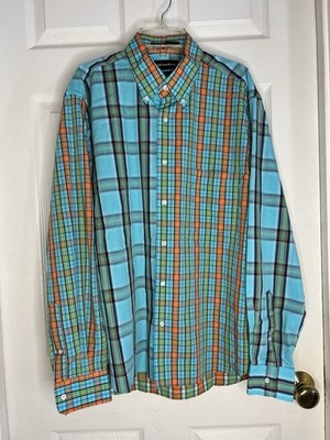 Paul Fredrick Plaid Patchwork Mixed Tartan Men s button down shirt Large Blue
