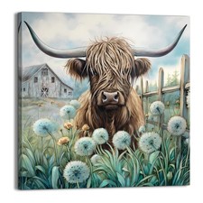 Farmhouse Highland Cow Wall Decor in Teal and Brown: Rustic Cow and Dandelion...