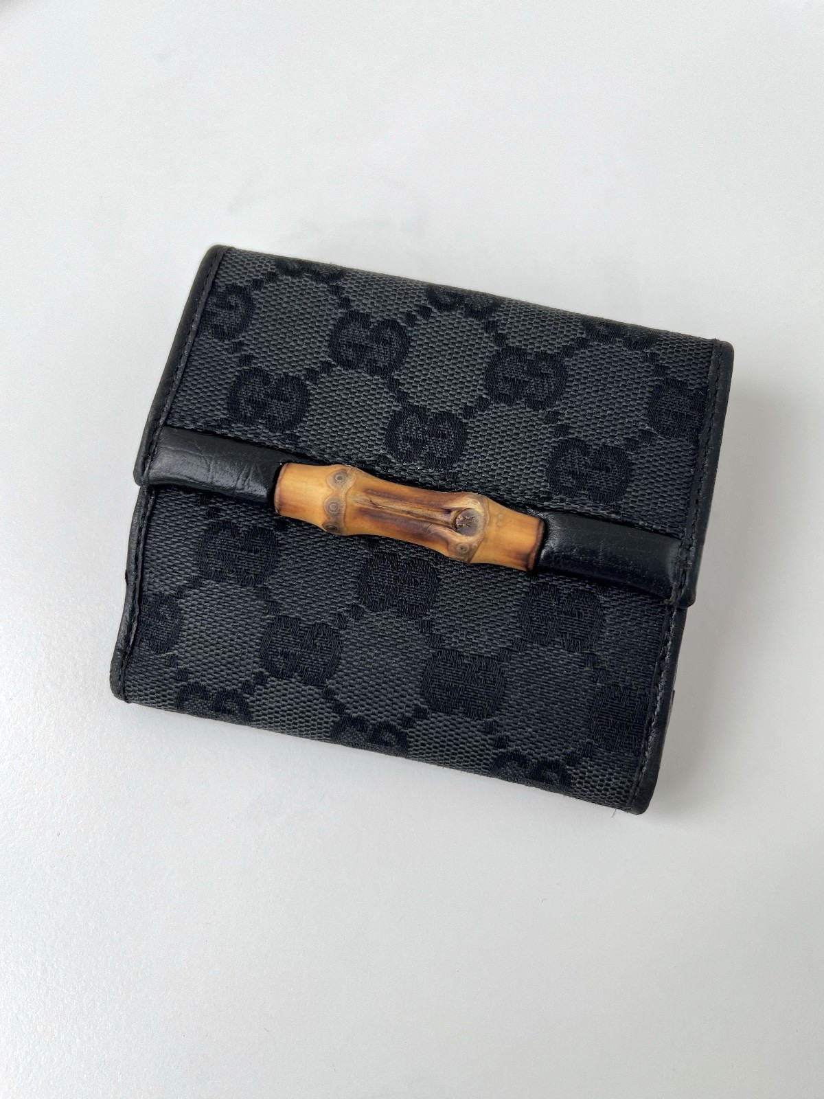 Gucci Vintage GG Monogram Bamboo Canvas / Leather Black Wallet
