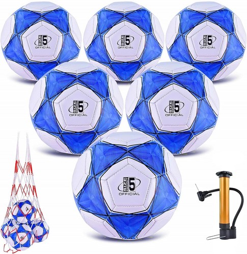 Neu Fußballbälle 6er Pack Größe 5 aufgeblasen mit Pumpe & Tragetasche blau/weiß ELKCIP