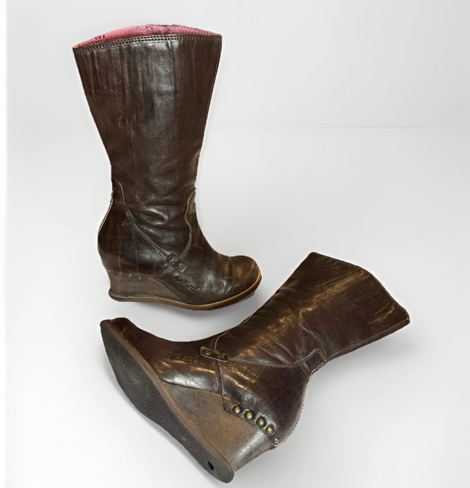 Botas De Colección Años 90 Y2K Marrón Gruesas Tacón Cuña Puntada Grunge Boho Francia 7.5 Foto 2 de 4