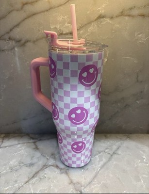 Pink Checkered 40oz Tumbler With Straw And Emojis