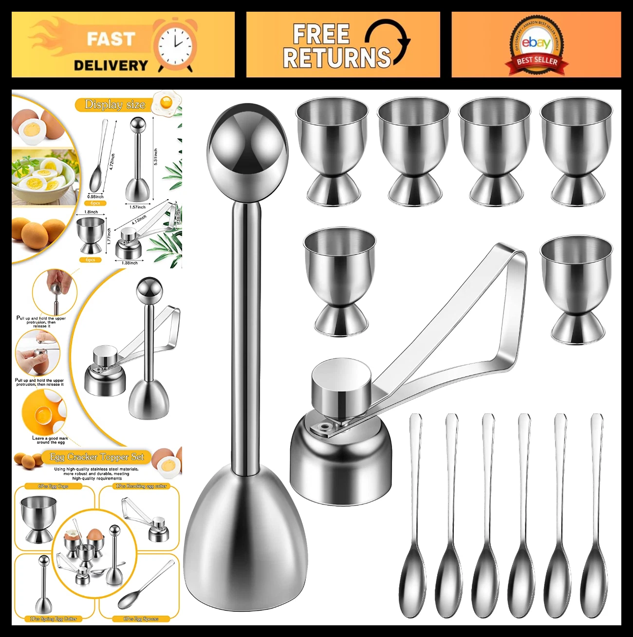 14-Piece Stainless Steel Egg Cup Set with Egg Topper, Holder & Spoon - Kitchen T
