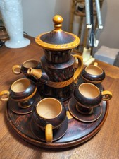 Vintage Wood Carved Chilean Pisco Pitcher And 6 Shot Glasses