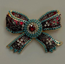 Vintage Style Red Enamel Bow Brooch Pin Blue Beads Rhinestone Gold Tone Women