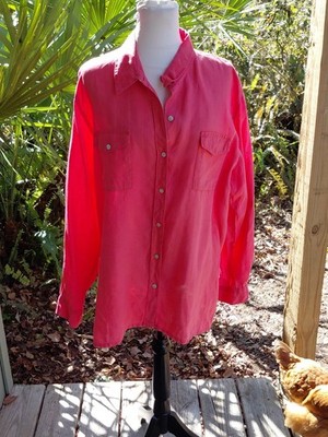 Lino By Chicos Tunic Sz 3 US 16 Salmon Button Front Linen Long Sleeve Pockets