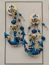 Lunch at The Ritz Lg Blue Anchors Away 24 KT Gold Plated Dangle Clip-on Earrings