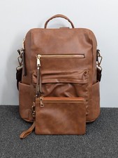 Stylish Brown Convertible Backpack Colorful Geometric Strap Matching Wristlet