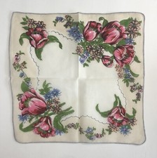 Vtg Ladies' Handkerchief With Deep Pink Tulips  Blue  Beige Flowers Greenery